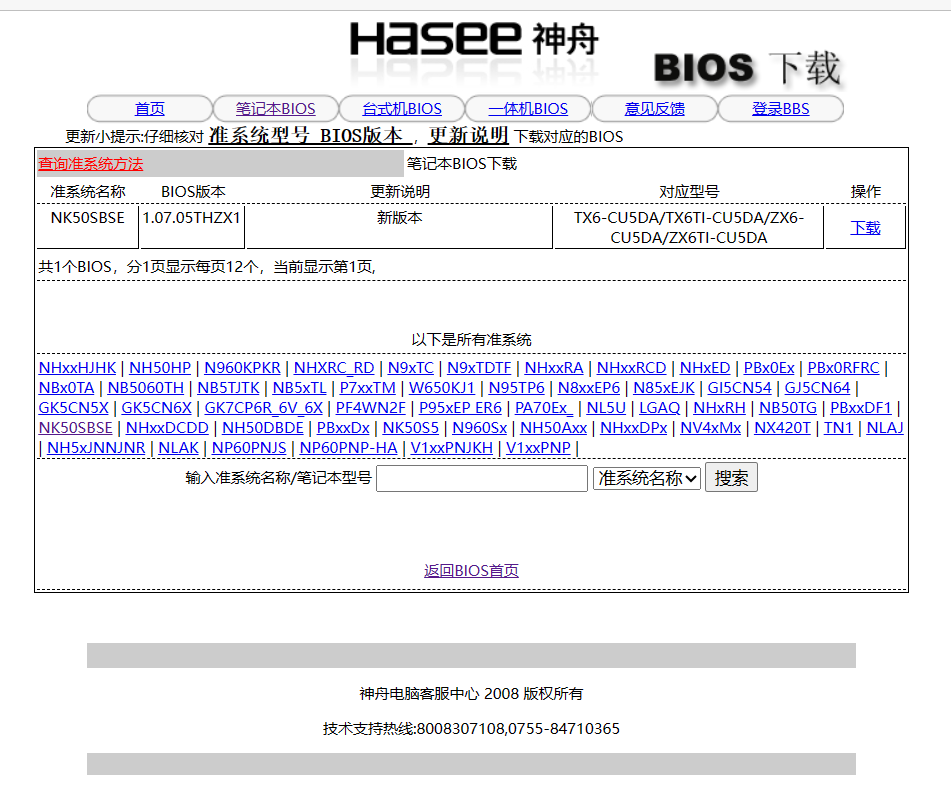 神舟的 BIOS 下载页面，需要找到自己的机器型号